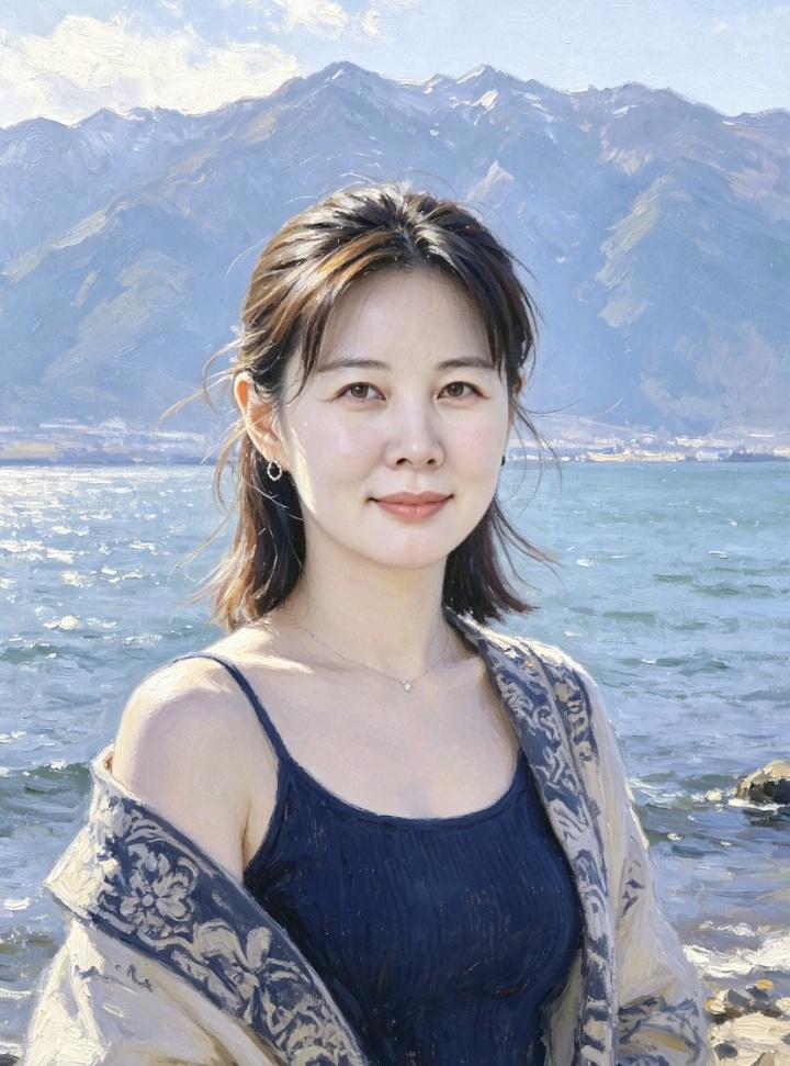 一位美女在湖边微笑拍照。中年女人有哪些吸引人的特点?气质女生拍照知性微笑动景