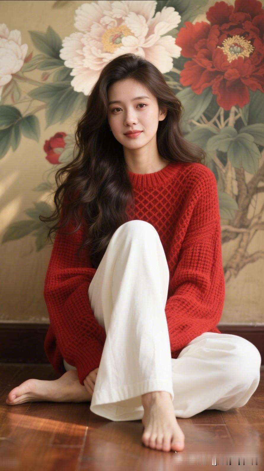 红毛衣白裤子，美人悠闲静坐。清新脱俗的女孩子是什么样子的呀温暖冬日，红衣少女与