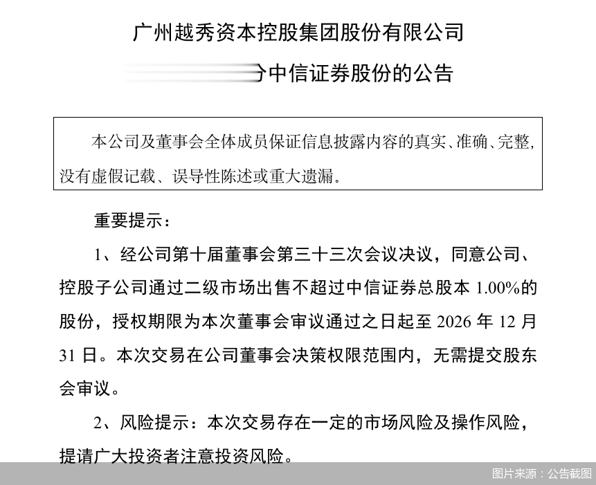 越秀资本: 拟出售中信证券不超过总股本1%股份