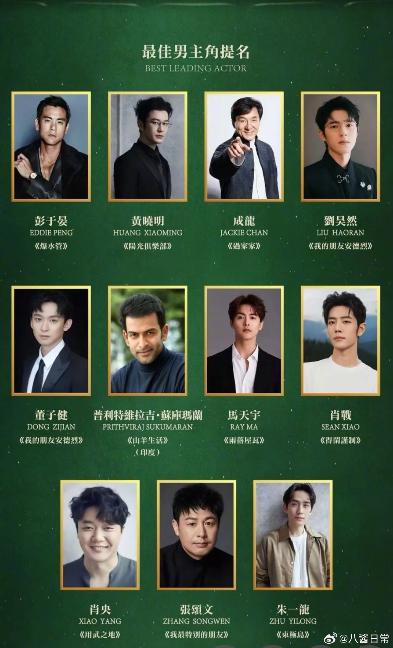 2026亚洲艺术电影节金海燕奖提名名单最佳男主角提名：彭于晏、黄晓明、成龙、刘昊