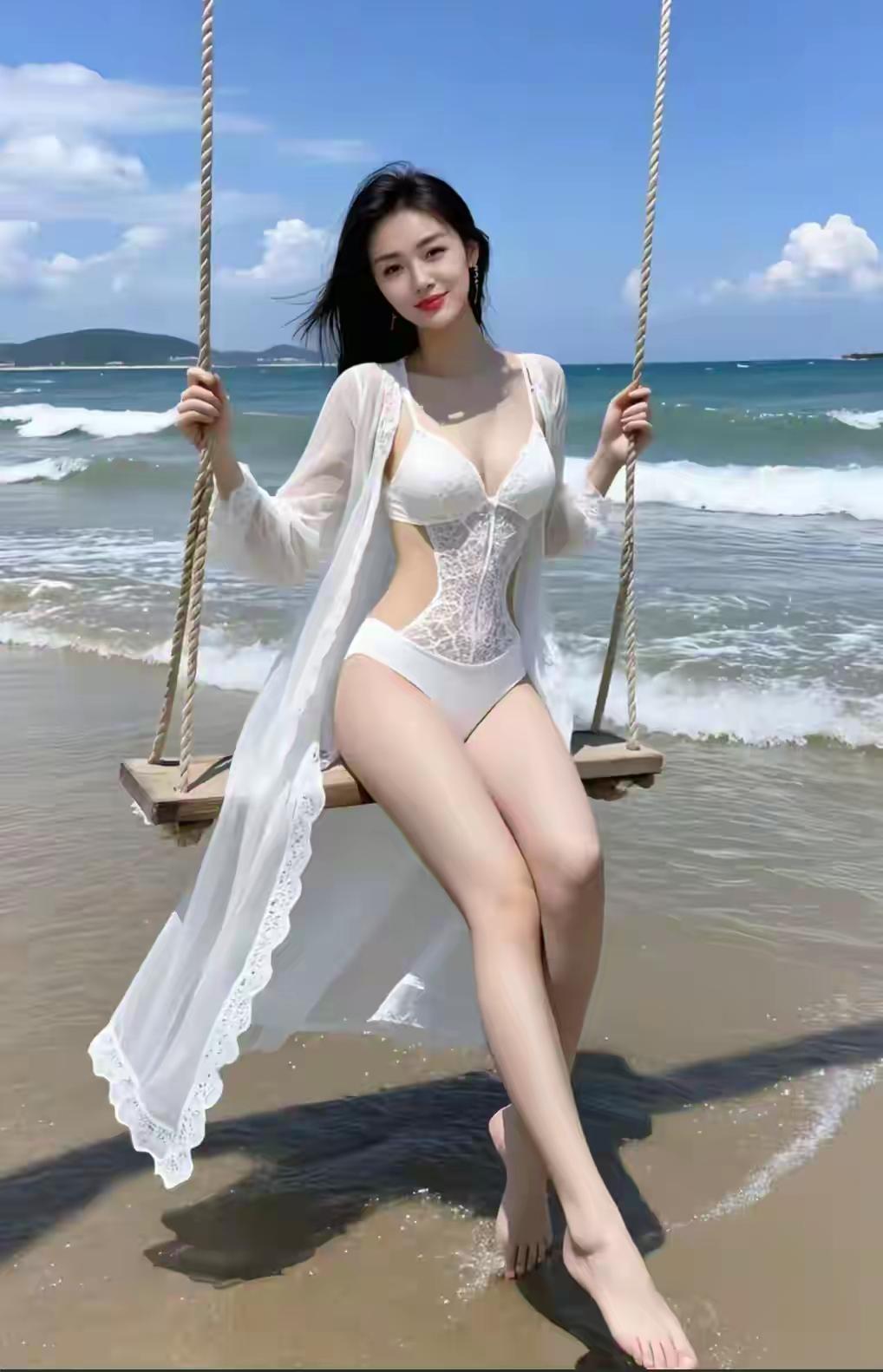 阳光、海浪、还有秋千上的她。一袭白衣胜雪，在碧海蓝天的映衬下，仿佛是从画里走