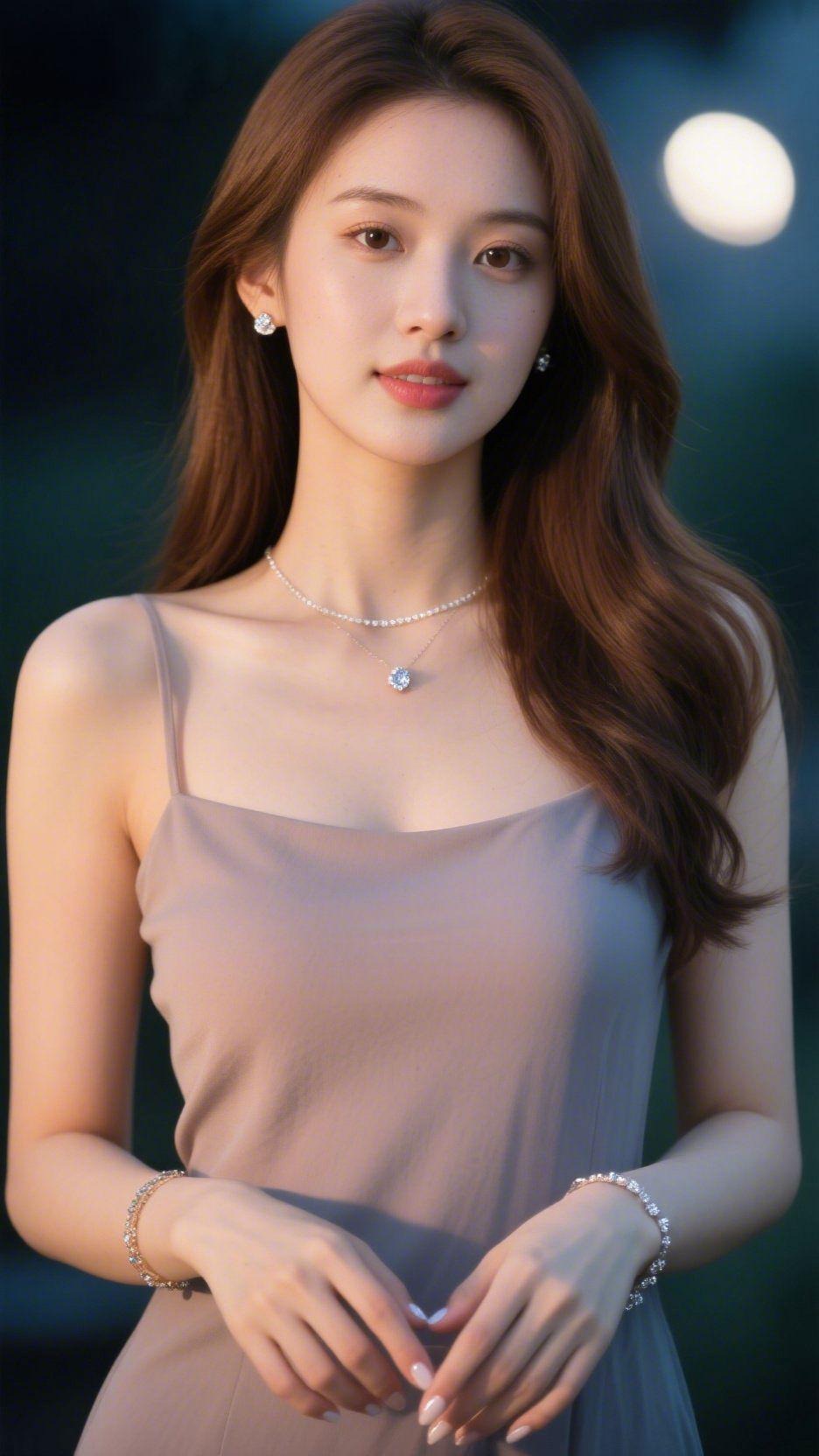 《月柔里的雅意》浅灰吊带裹着柔缎的暖，像把夜月清光揉进衣料，颈间链光轻闪，