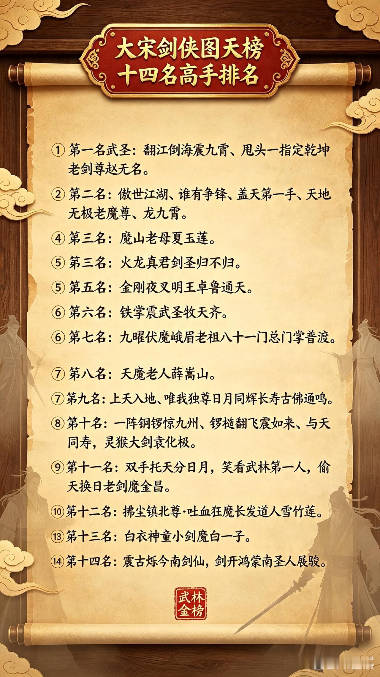 汇总《大宋剑侠图》东南西北四小圣和天榜十四大高手排名天榜十四大高手排名第一名