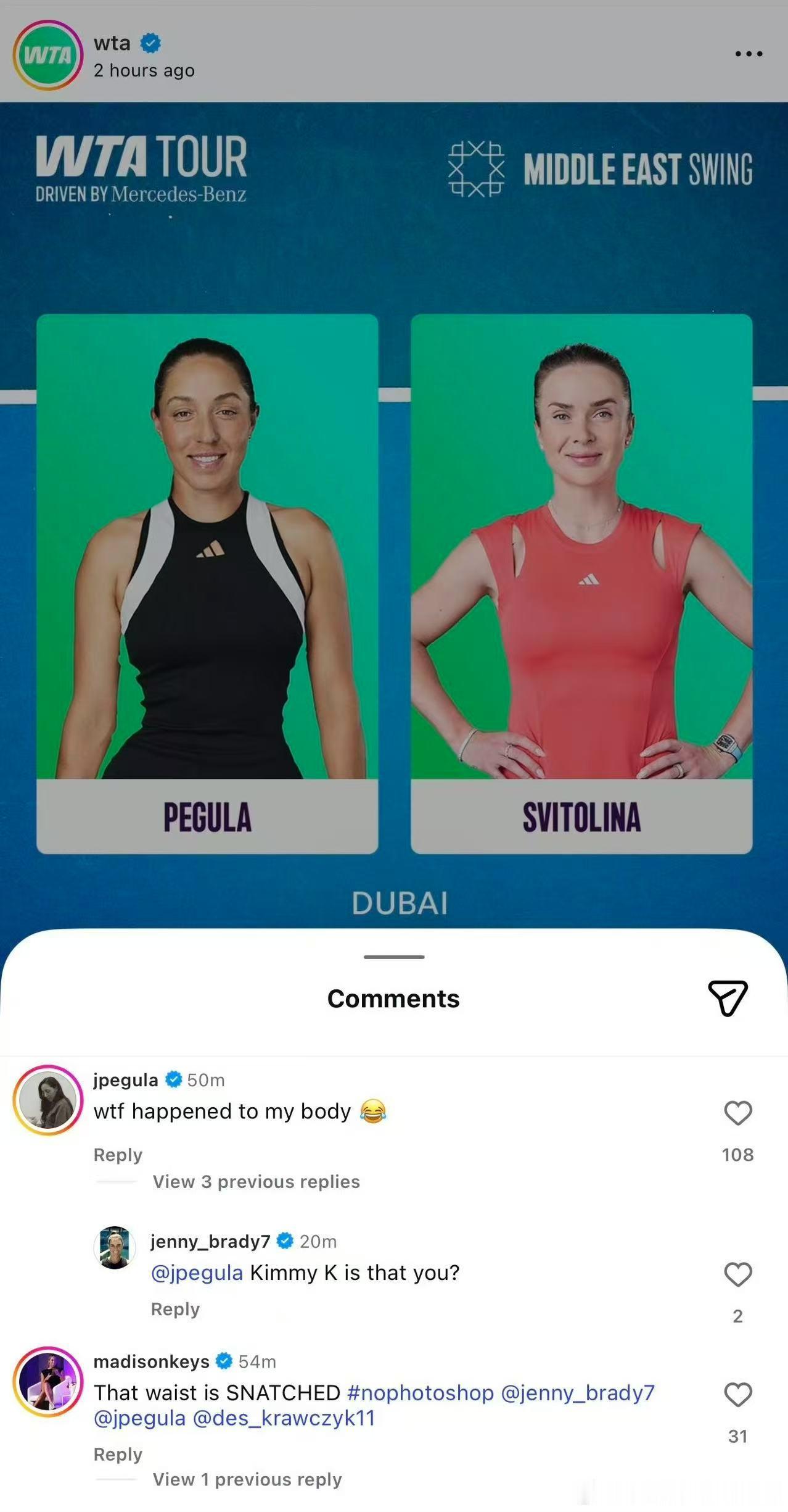 哈哈哈哈哈哈，一早被笑s佩古拉，打进迪拜1000赛决赛后这张决赛前瞻照片，被WT