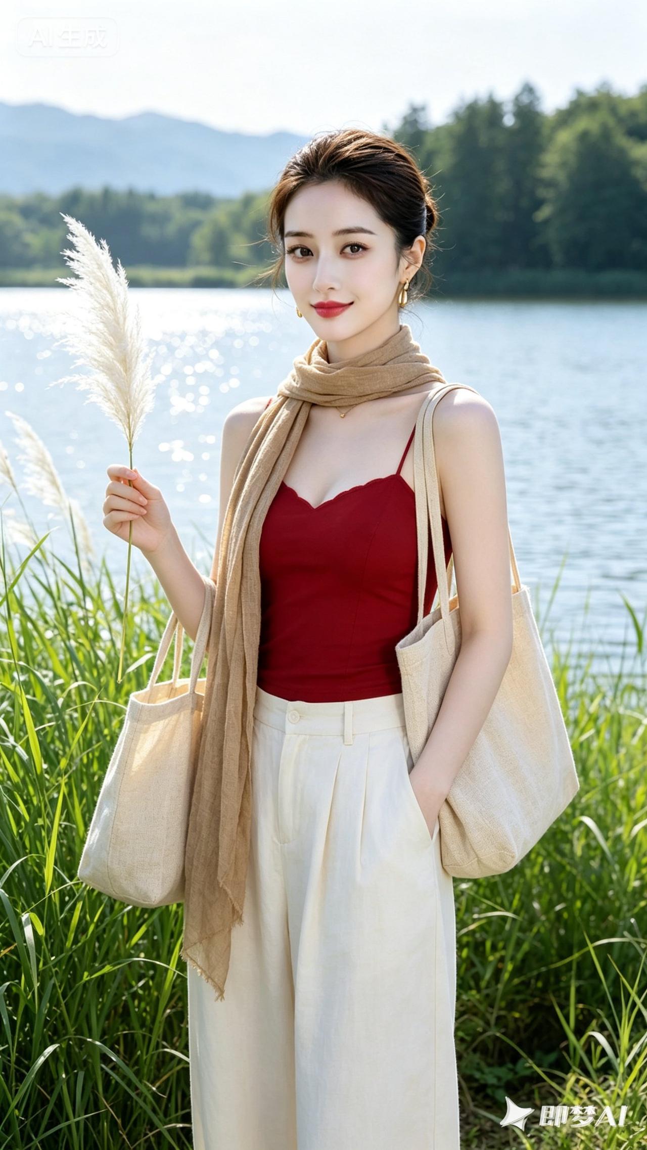 她站在湖边，手拿芦苇，笑容甜美。
