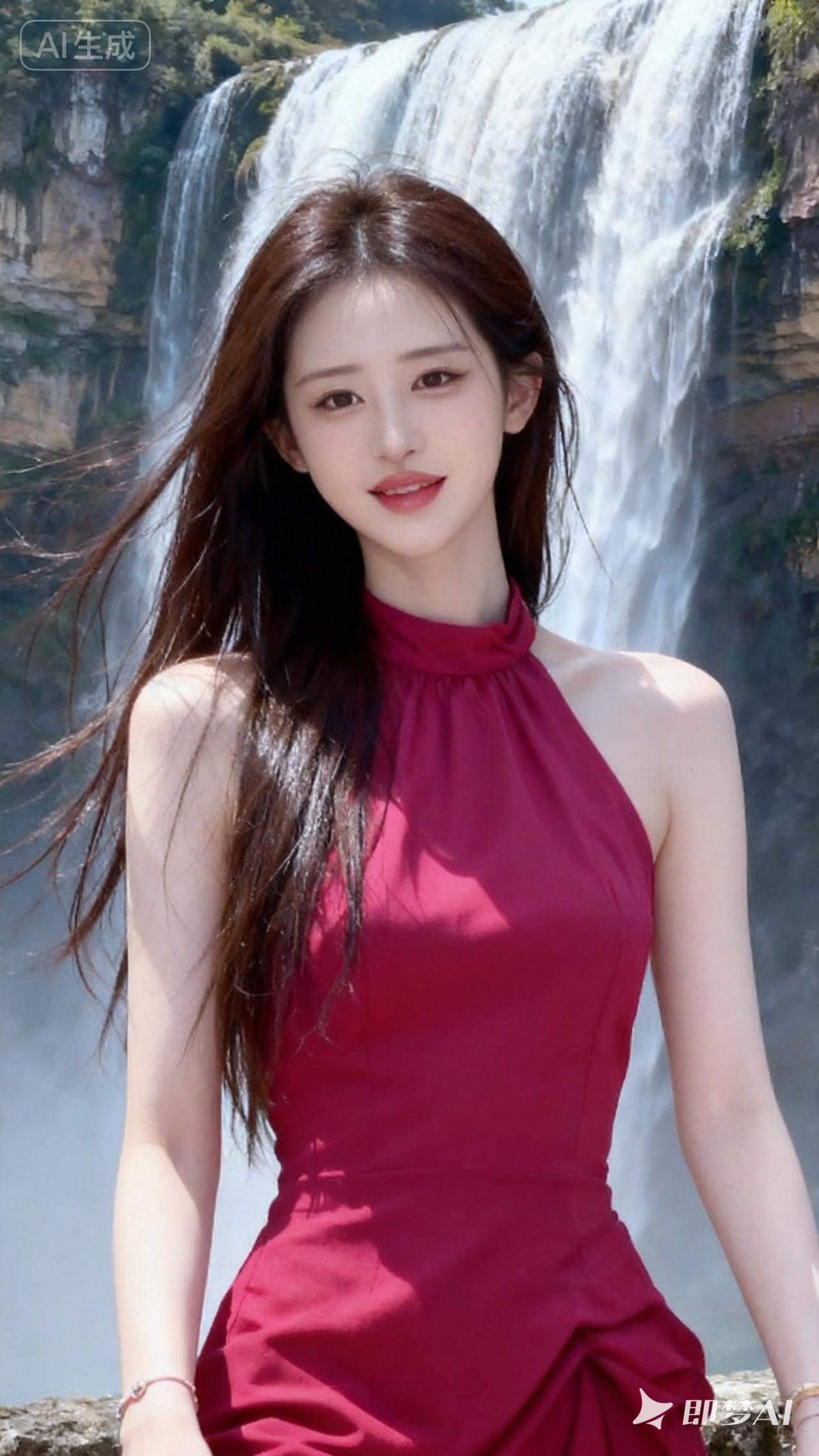 在瀑布前打卡，穿红色连衣裙的少女💕