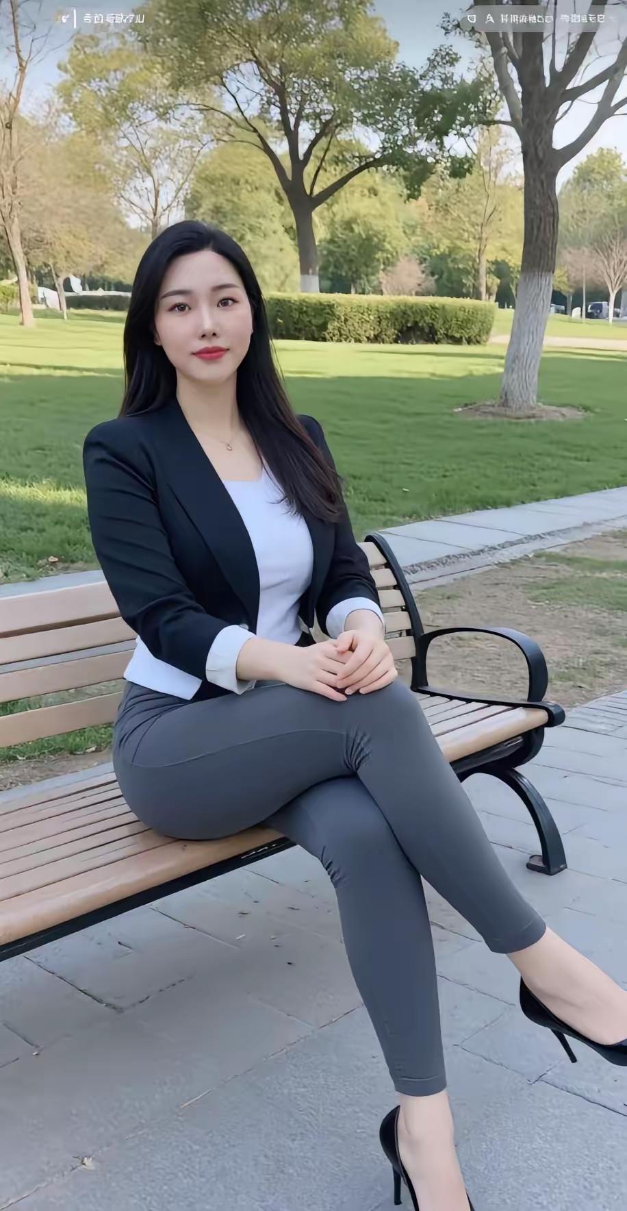 公园长椅上的从容时刻💼于绿意葱茏的公园长椅上，干练穿搭亦能营造松弛感。黑色短