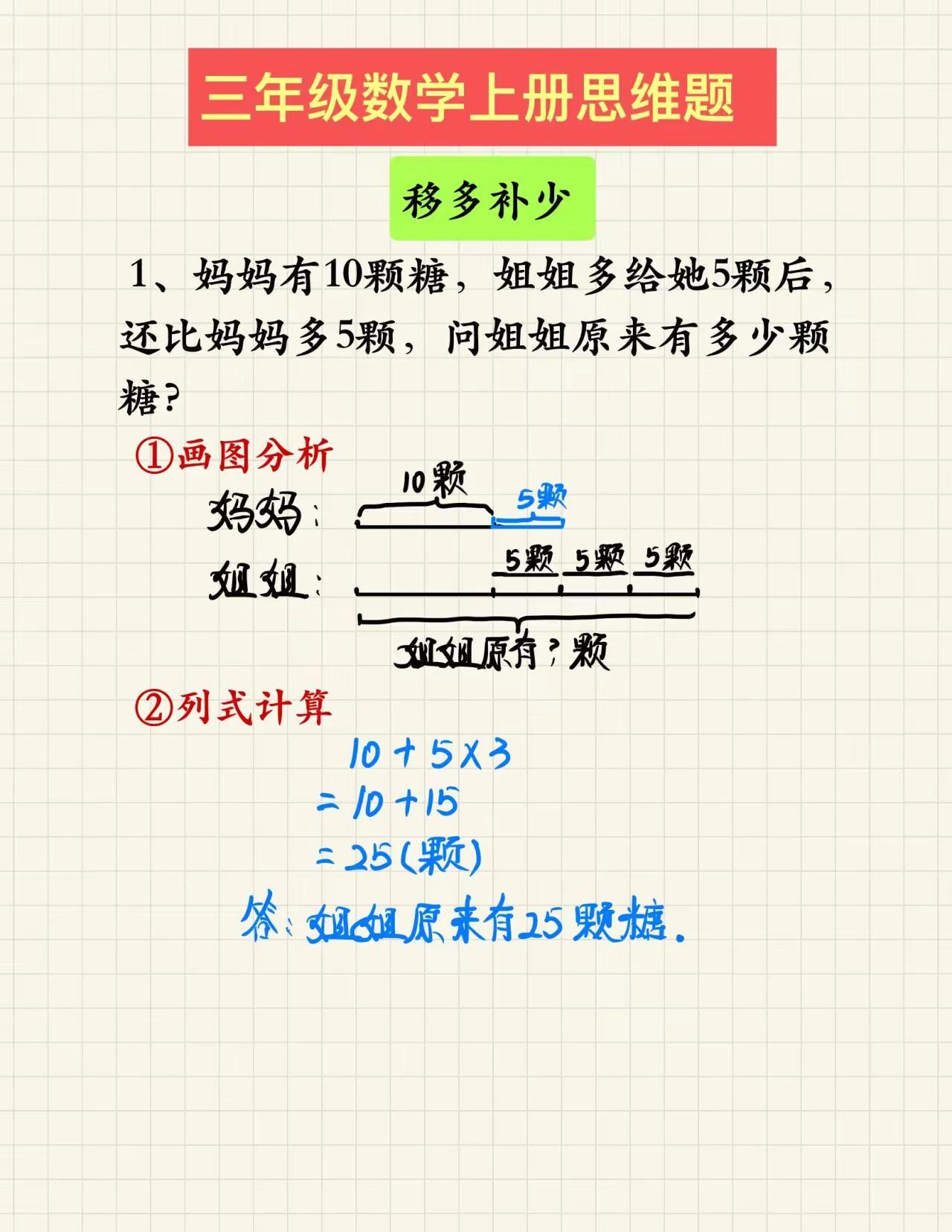 三年级数学思维提升：移多补少重点题目分享。三年级数学