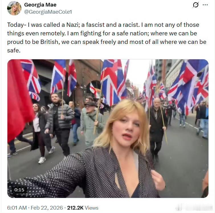 乔治娅·梅：今天——有人称我为纳粹、法西斯和种族主义者。我完全不是那些东西，