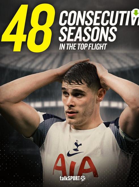 热刺已经连续48个赛季在英格兰的顶级联赛了，这也是英超目前第五长的记录。在他前面