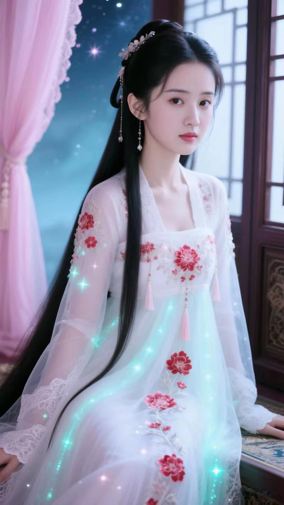 汉服雅致韵味生，白底牡丹显风情。沉鱼落雁，闭月羞花。冰肌玉骨，明眸皓齿。