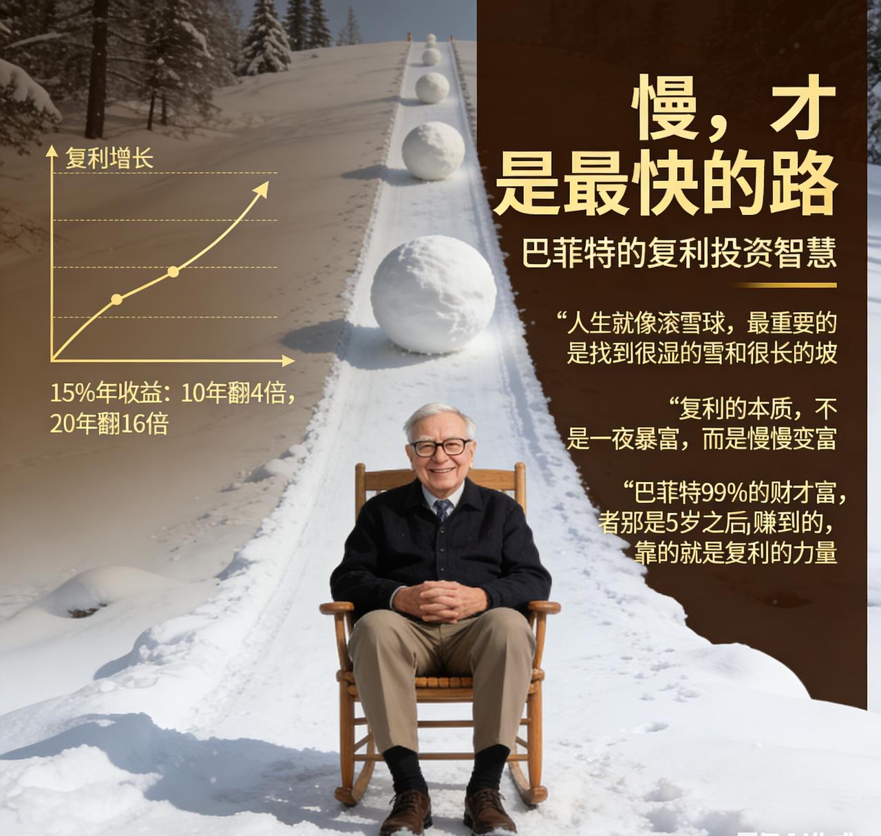 巴菲特说，人生就像滚雪球，最重要的是找到很湿的雪和很长的坡。复利的本质，不