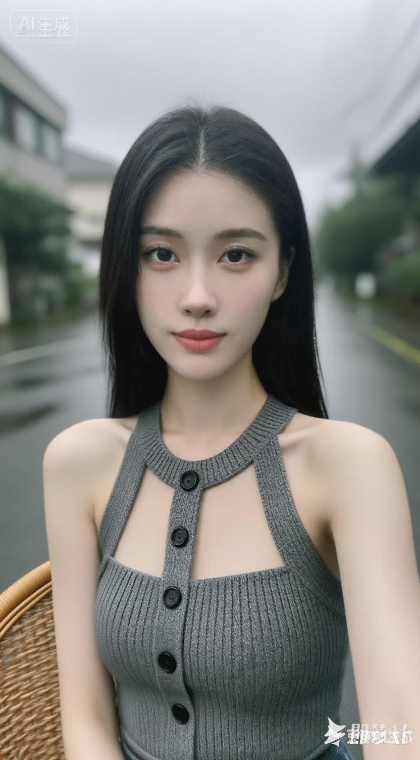 这姑娘穿着灰色背心，坐在雨天的街道上。