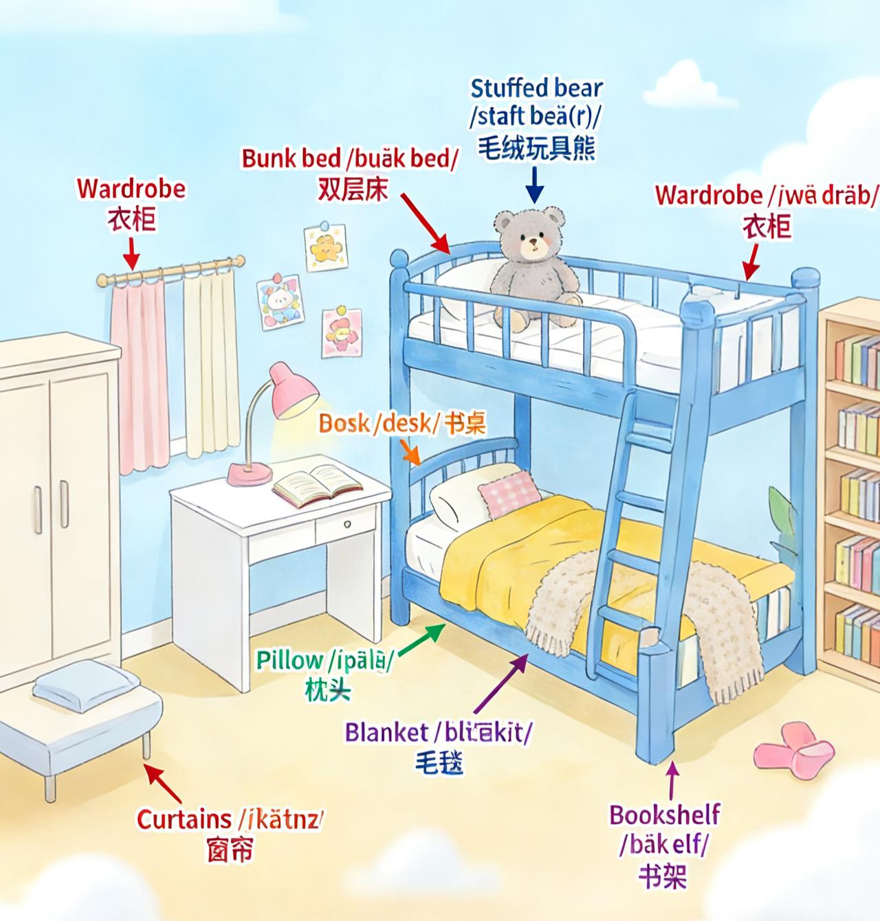 卧室主题英语汇总，单词、英标、句子及翻译，学起来更轻松。家庭主题英语