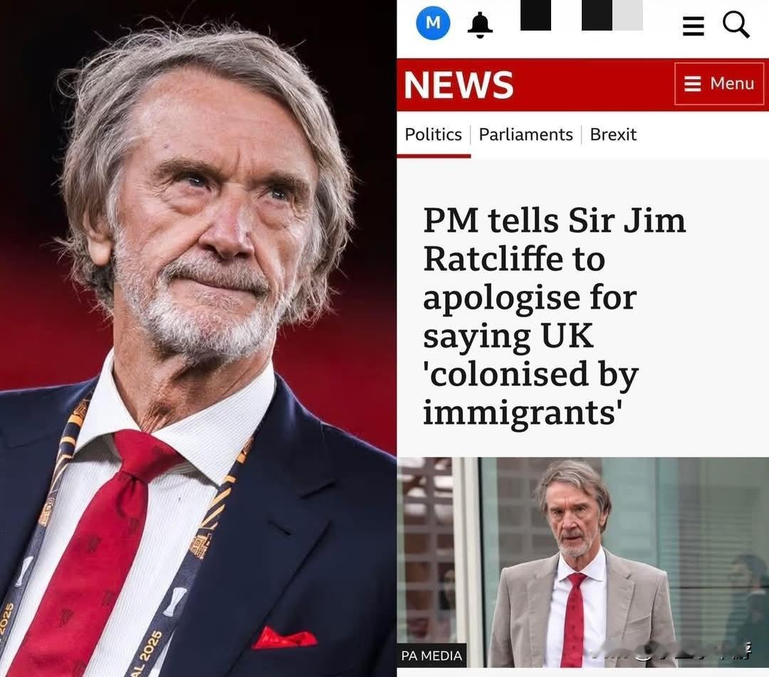 英国亿万富翁、曼联联合老板吉姆·拉特克利夫爵士表示：“英国正在被移民反向殖民。”