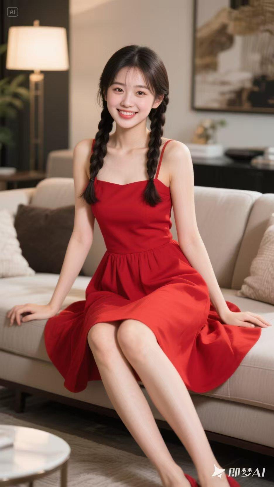 甜美红裙少女，笑颜如花，优雅坐于沙发上，尽显青春活力！🌸💃🏻