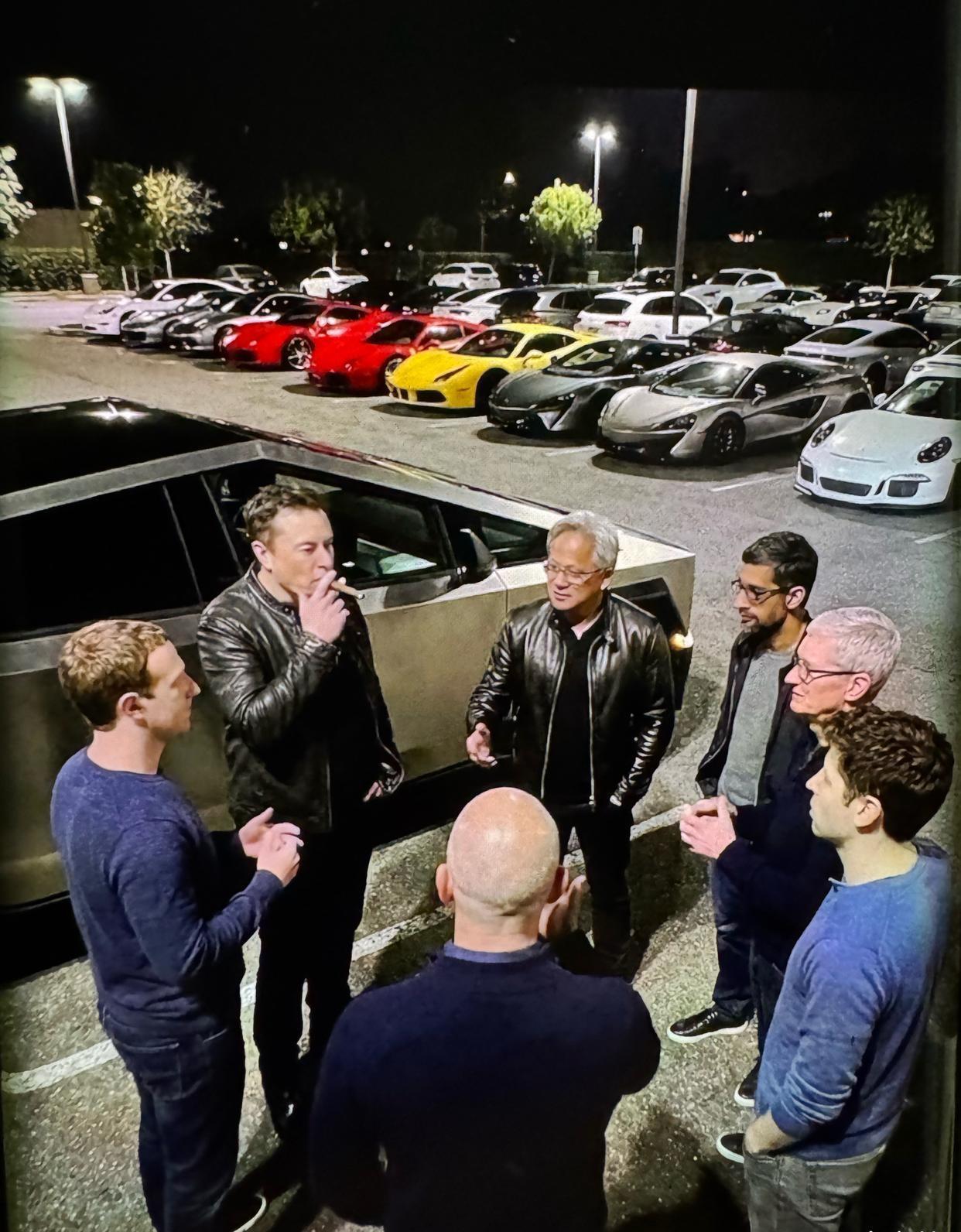 硅谷顶流深夜“车库局”？马斯克叼雪茄站C位，身后超跑排排坐——黄法拉利、灰迈凯伦