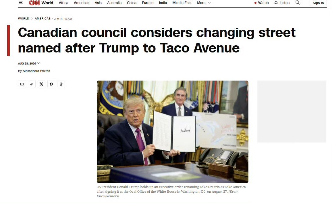 对于懂王将安大略湖改名为美国湖，加拿大首都渥太华市议会准备采取的反制措施是将渥太