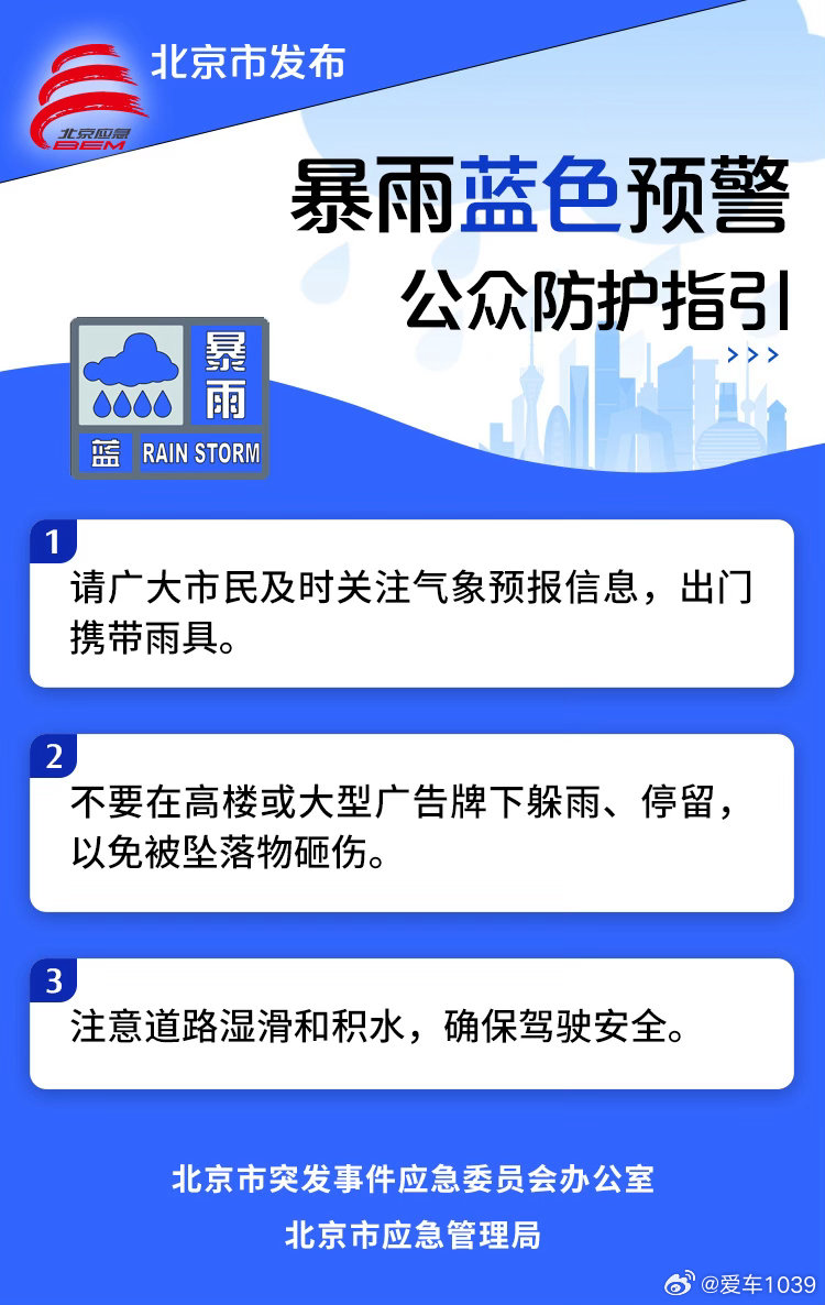 【北京发布暴雨蓝警！北京5区小时降雨量超50毫米】北京2日9时发布暴雨蓝色预警