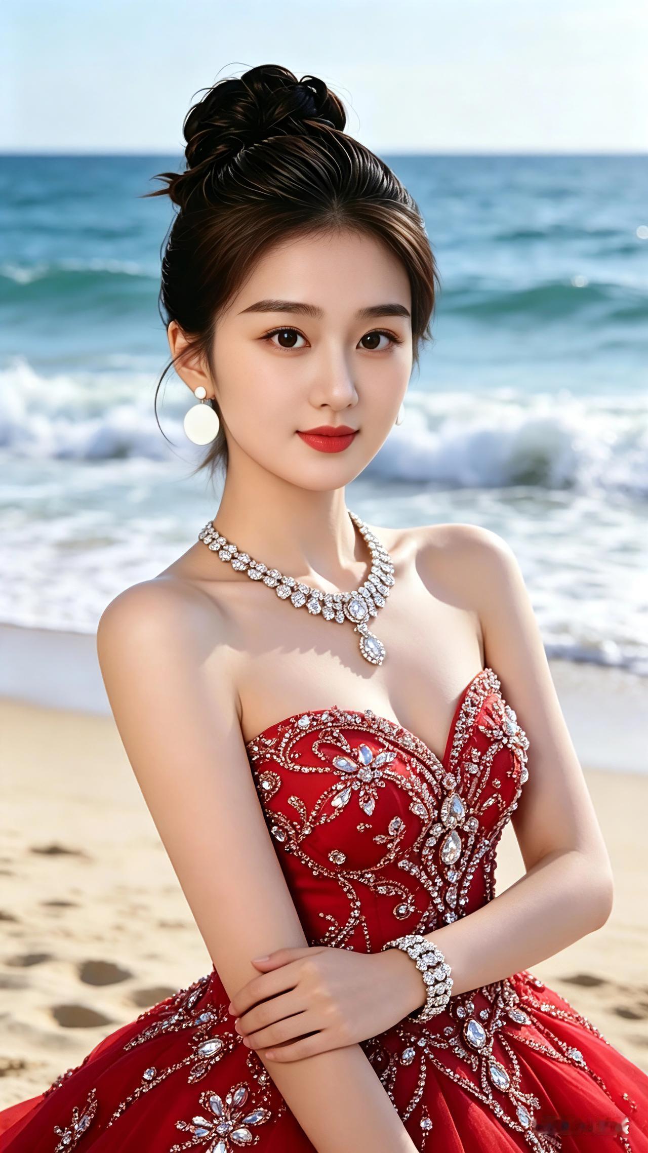 七言绝句红裙璀璨映沧波，玉饰流光衬笑涡。碧海沙滩风送暖，佳人倩影胜繁花。