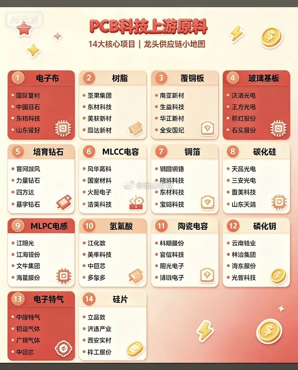PCB科技上游原料14大核心项目盘点。​PCB科技在电子领域可是相当关键，其上游