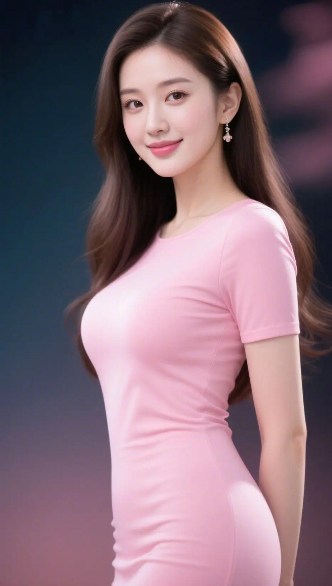 《粉裙里的春日柔意》她身着淡粉衣裙而立，恰似将春日的柔云裁作了衣衫。那粉色