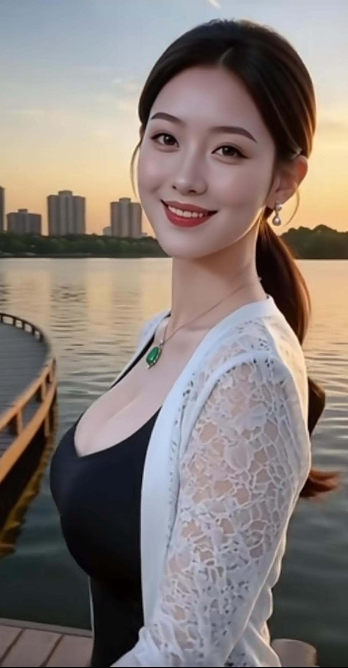 夕阳下的湖畔美景，温柔笑容，优雅气质，绿宝石项链点缀，完美融合自然与时尚。分享手