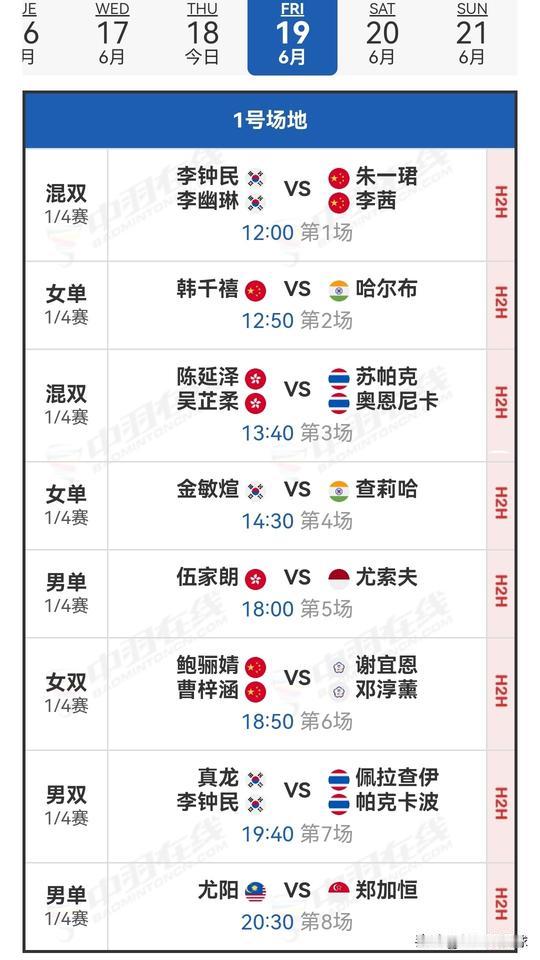 6月19日澳门羽毛球公开赛1/4决赛赛程安排国羽昨日战绩为9胜3负。韩千禧历