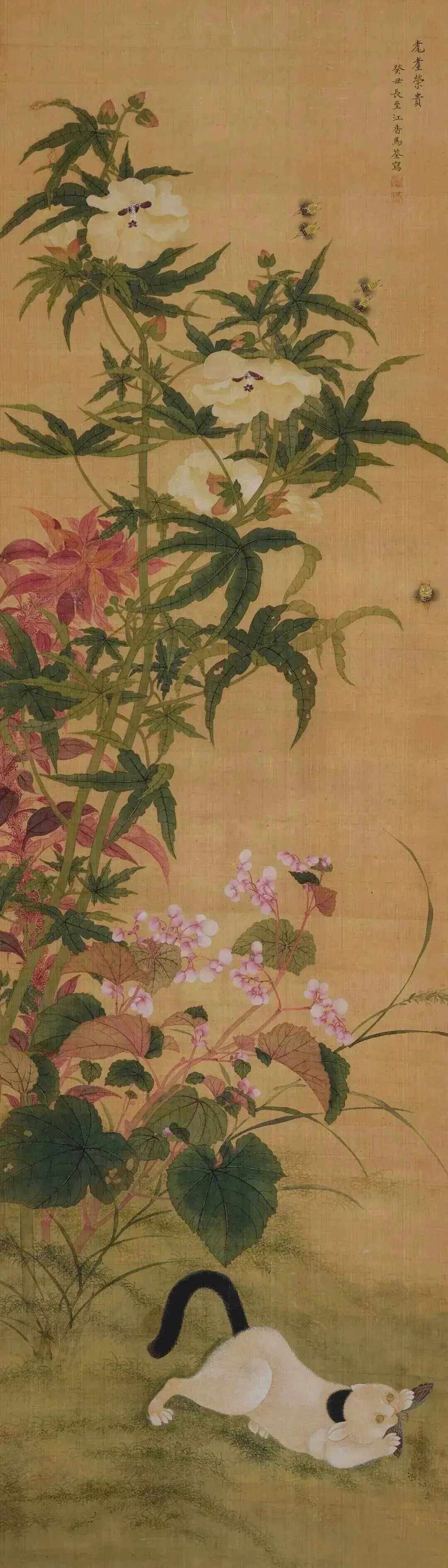 清代女画家马荃《耄耋荣贵》。画面中两只白头翁在桂花枝头一唱一和，桂花香飘满园，