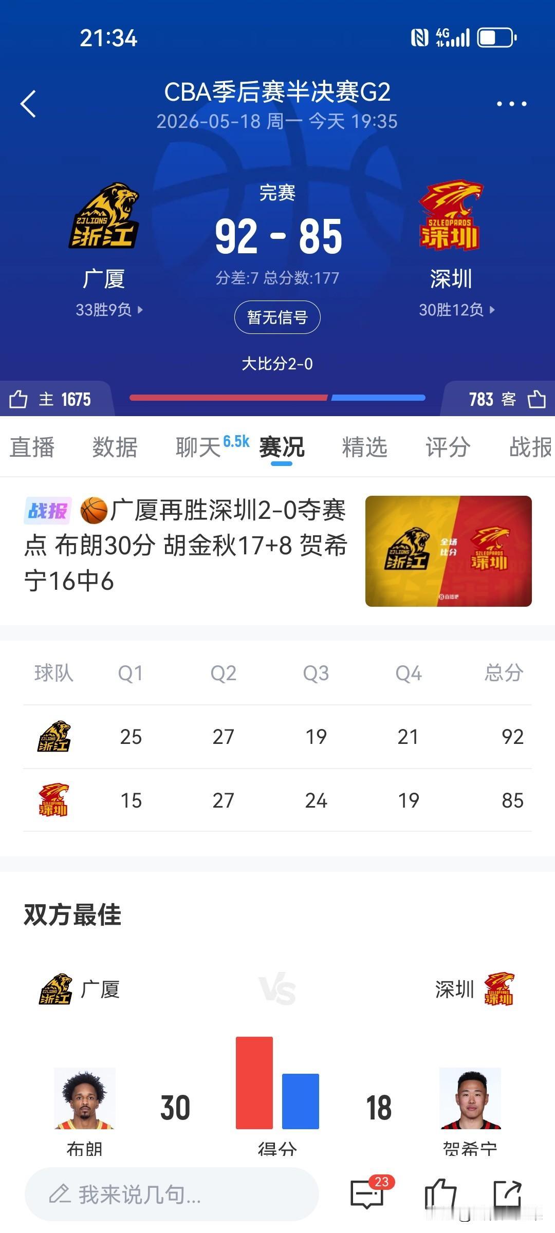 92一85，广厦再赢一局，大比分2一0，广厦半只脚踏进决赛的大门。CBA篮球季