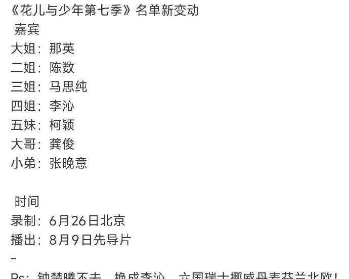 花少网传名单！大姐：那英二姐：陈数三姐：马思纯四姐：李沁五妹：柯颖大