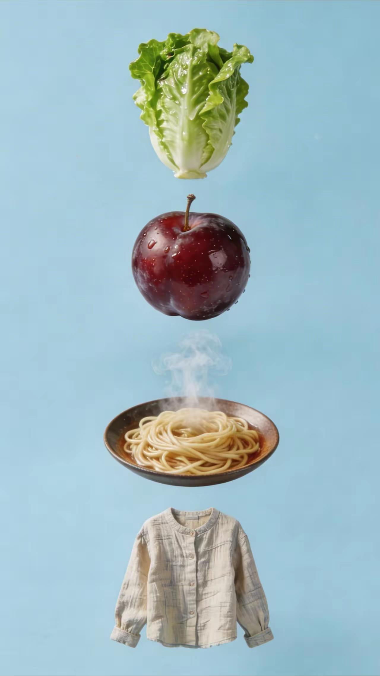 不给提示没有一个文字只有四样吃和穿白菜李子果还有碗刚煮熟的面条最后是