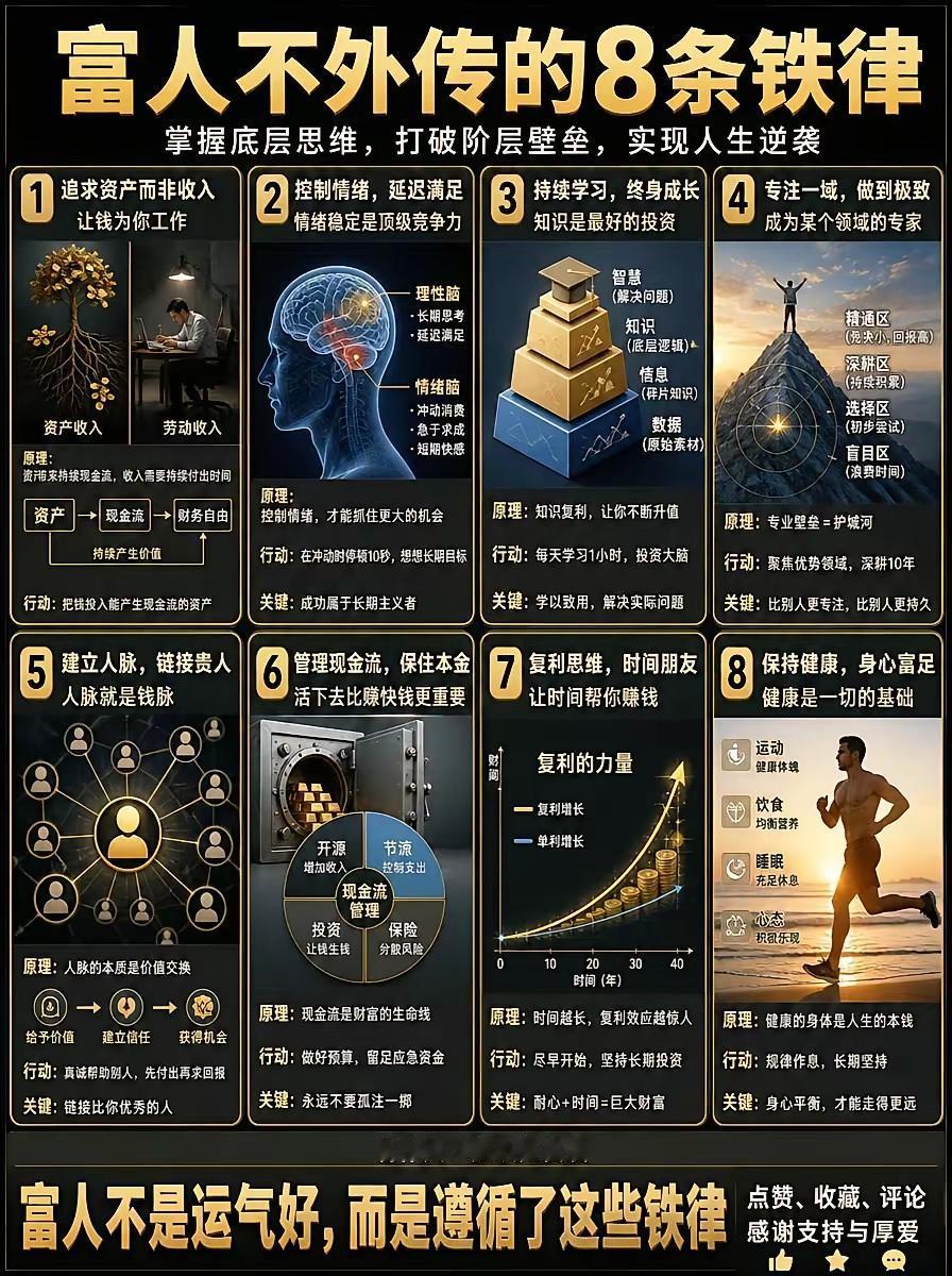 富人从不公开的8条底层铁律，读懂少走十年弯路✨很多人一辈子拼命打工，却始终