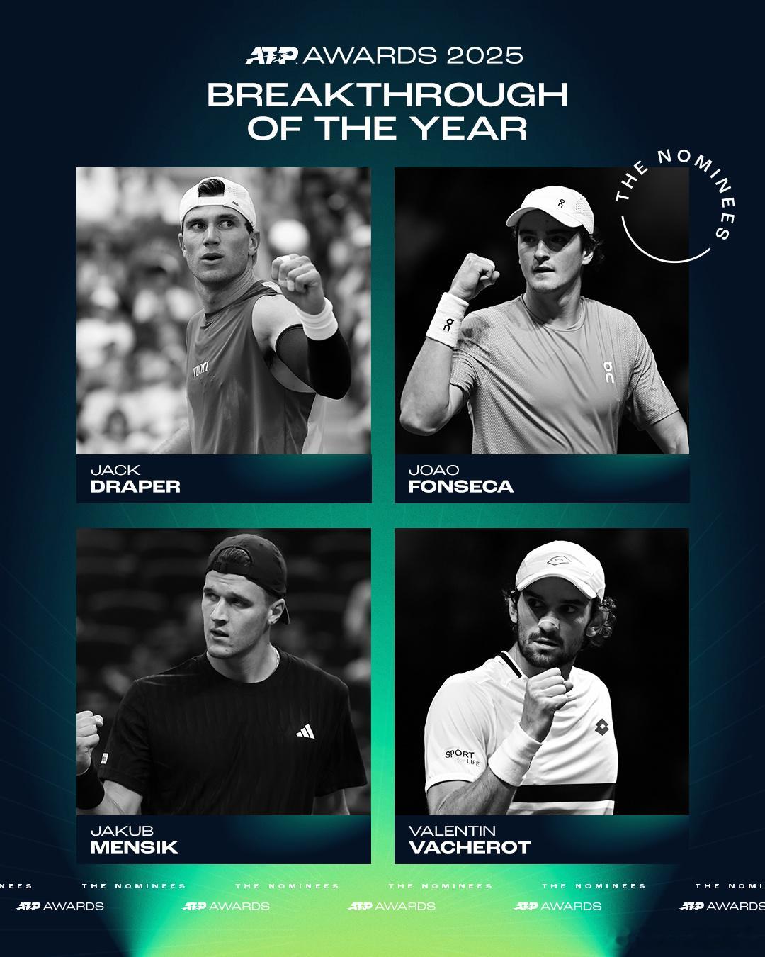 2025ATP年度奖项提名🌟🔵年度突破球员：德雷珀丰塞卡门希克瓦舍罗🔵年度