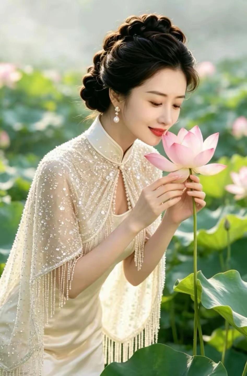 佳丽闲逛荷花塘，缕缕芳香润心房。出自淤泥而不染，留得清白在人间。