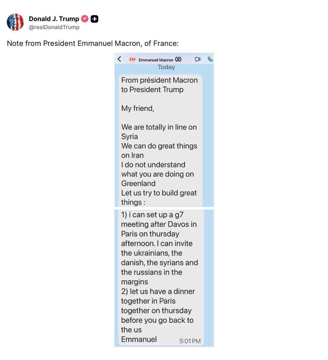 马克龙短信被特朗普曝光：我不懂你在格陵兰做什么1月20日，美国总统特朗普在真相