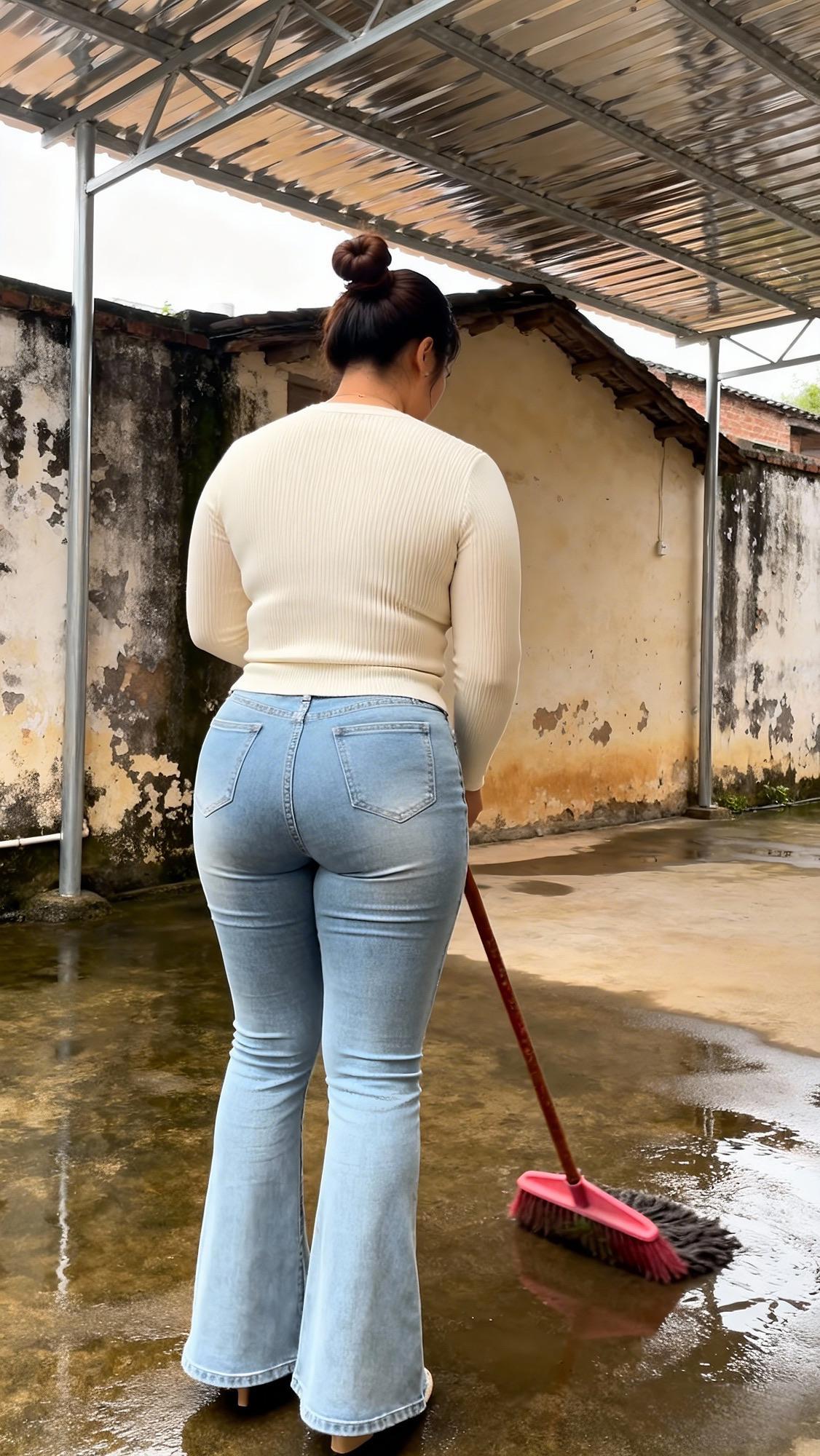 斑驳的墙垣旁，金属雨棚的光影落在湿润的地面上，泛着浅浅的水泽。浅米色针织衫的轮廓