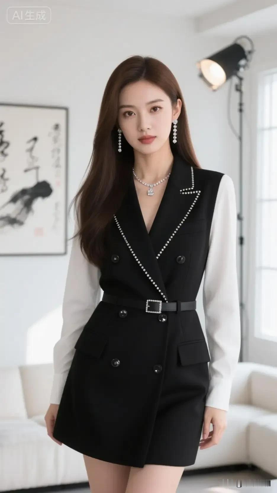 黑西装缀着碎钻锋芒，白袖衬出柔婉，职场风里揉着精致的浪漫灰色西装套装裙灰色西