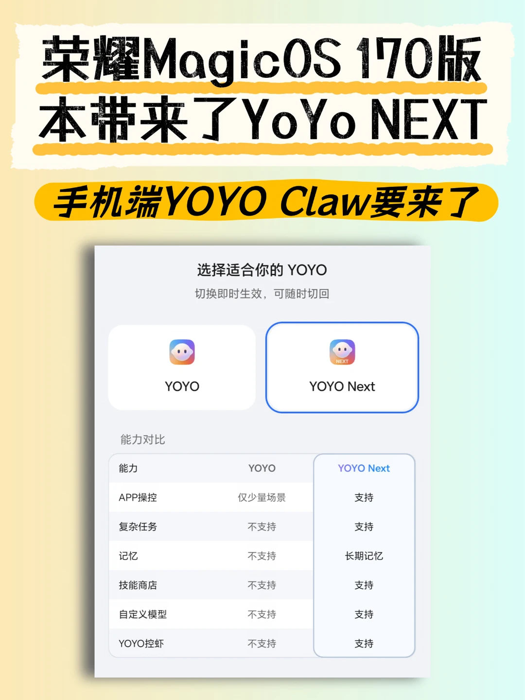 荣耀MagicOS 170版本，手机端YOYO Claw要来