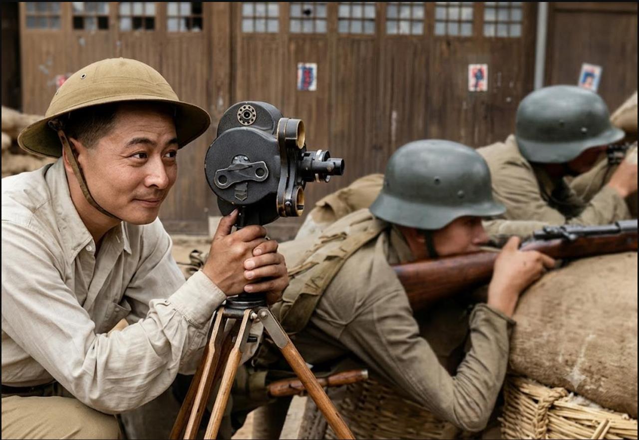1937年，淞沪会战期间，中国著名战地摄影师王小亭俯身扶住架在三脚架上的手提式电
