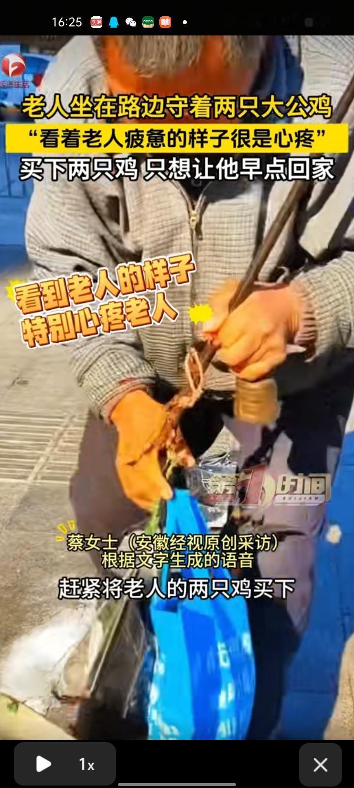 1月8日，江苏宿迁。网友发视频表示，途中遇到像自己父亲年龄一样大的老人，守着两只