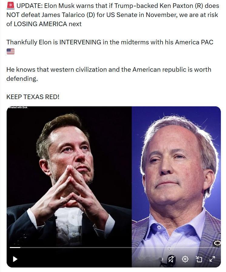 埃隆·马斯克警告称，如果特朗普支持的共和党候选人肯·帕克斯顿在11月的美国参议院