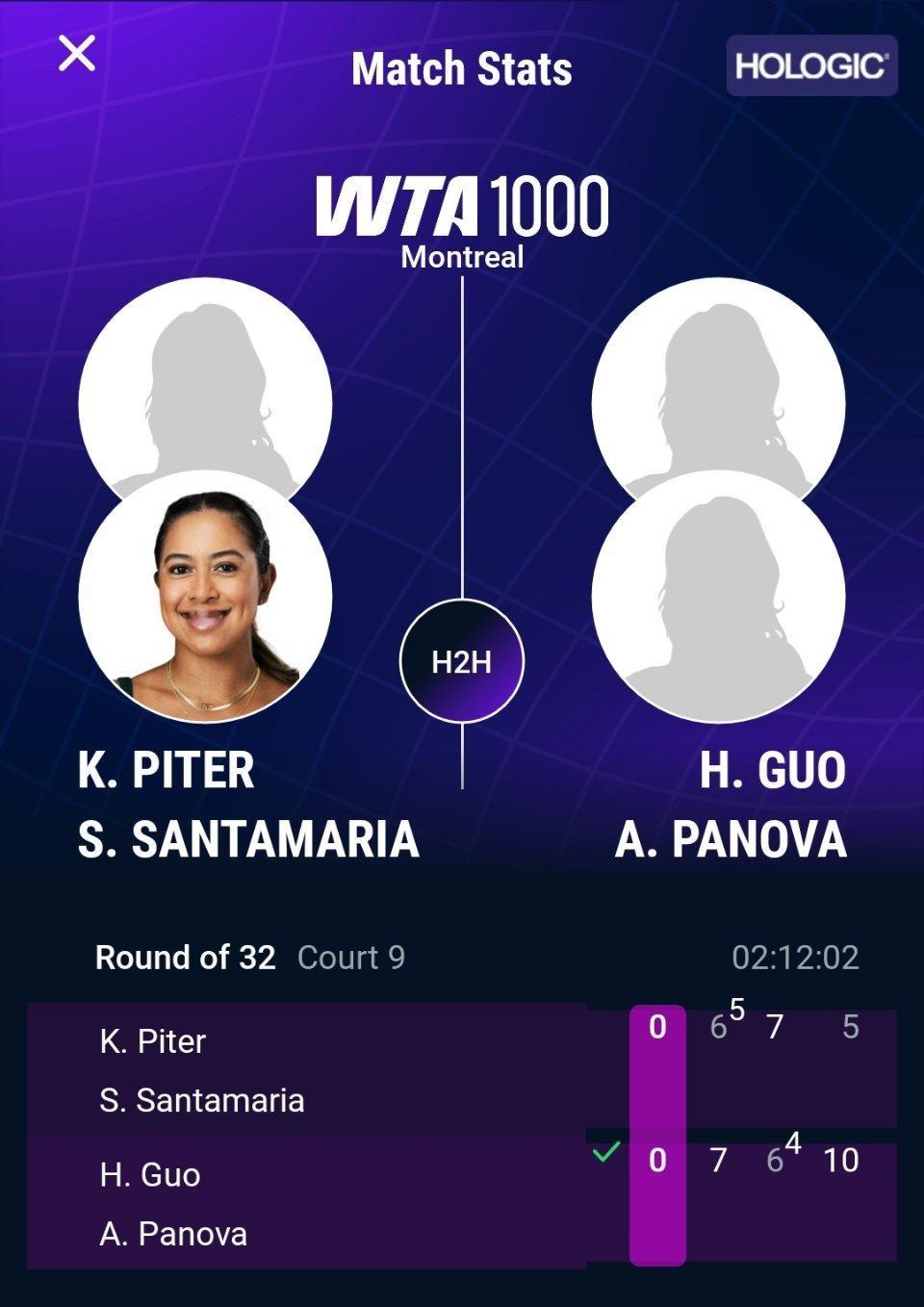 WTA1000蒙特利尔站双打首轮，郭涵煜/帕诺娃以7-6(5)6-7(4)1