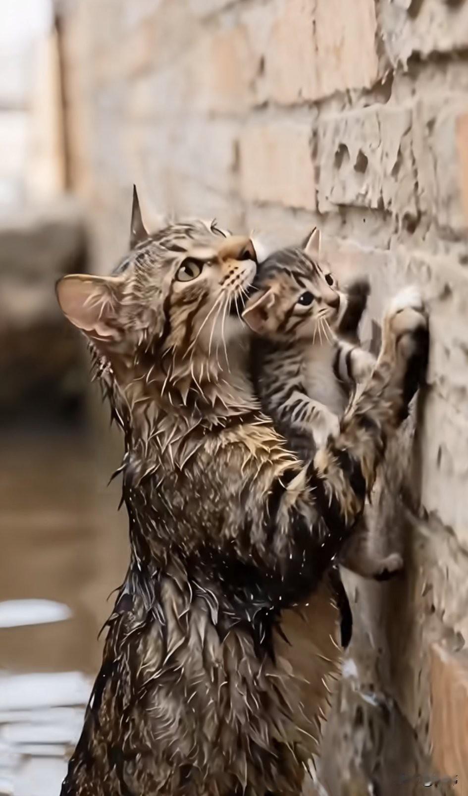 泪目了！这天一只流浪猫妈妈带着孩子在一条小河边玩耍，猫宝宝不慎掉落河里，猫妈妈毫