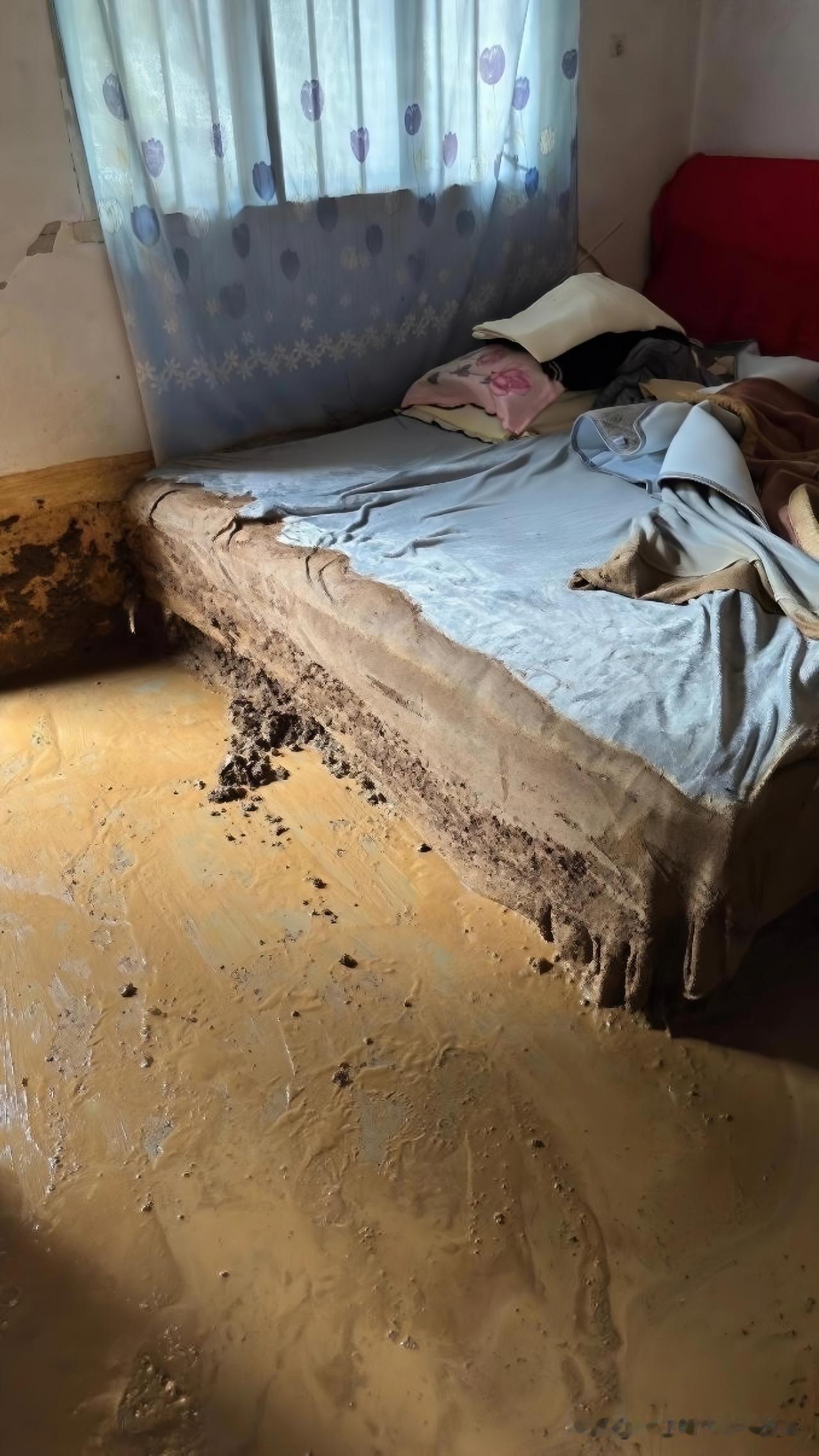 天杀的洪水，把我家全冲毁了！屋里全是泥，床泡得不成样子，一辈子的东西全坏了。