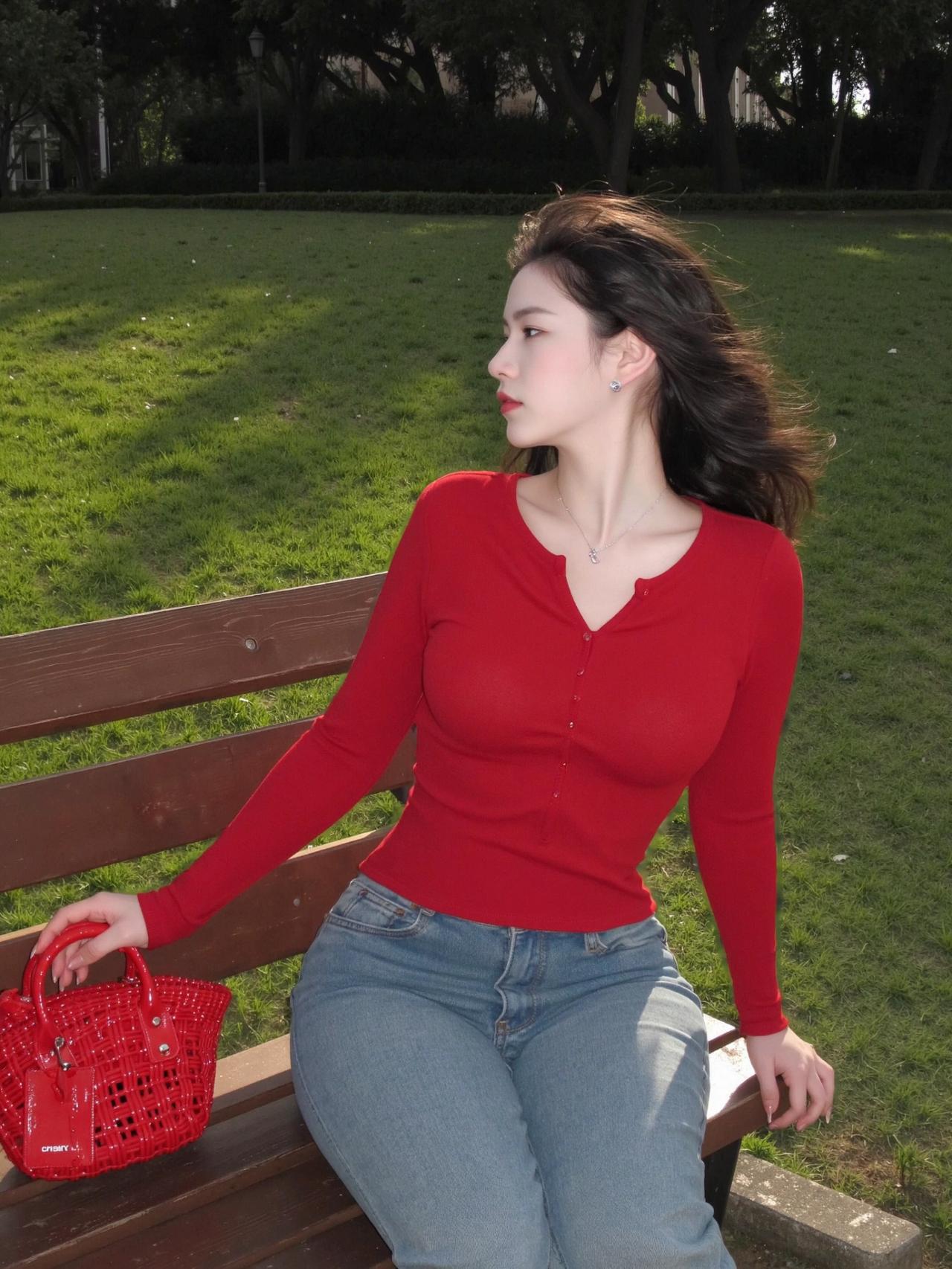 傍晚的草地自带柔光，随便一站都很出片😌红上衣配浅牛仔真的太显气色了。贴