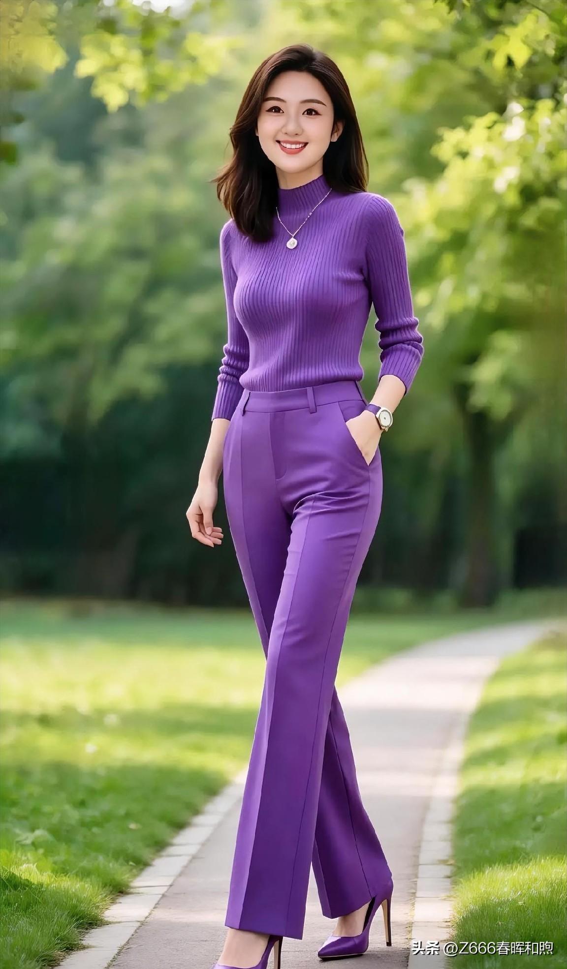美不美你说了算💞💞晨林翠色间，紫衣佳人似诗绽。修身针织凝温婉，阔腿裤曳优雅弧
