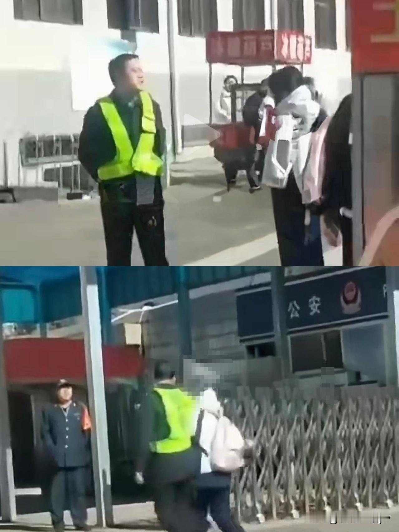 这一幕，事发大同第四中学门口。图上：图中男子白白胖胖，背手叉腿，这姿势，绝