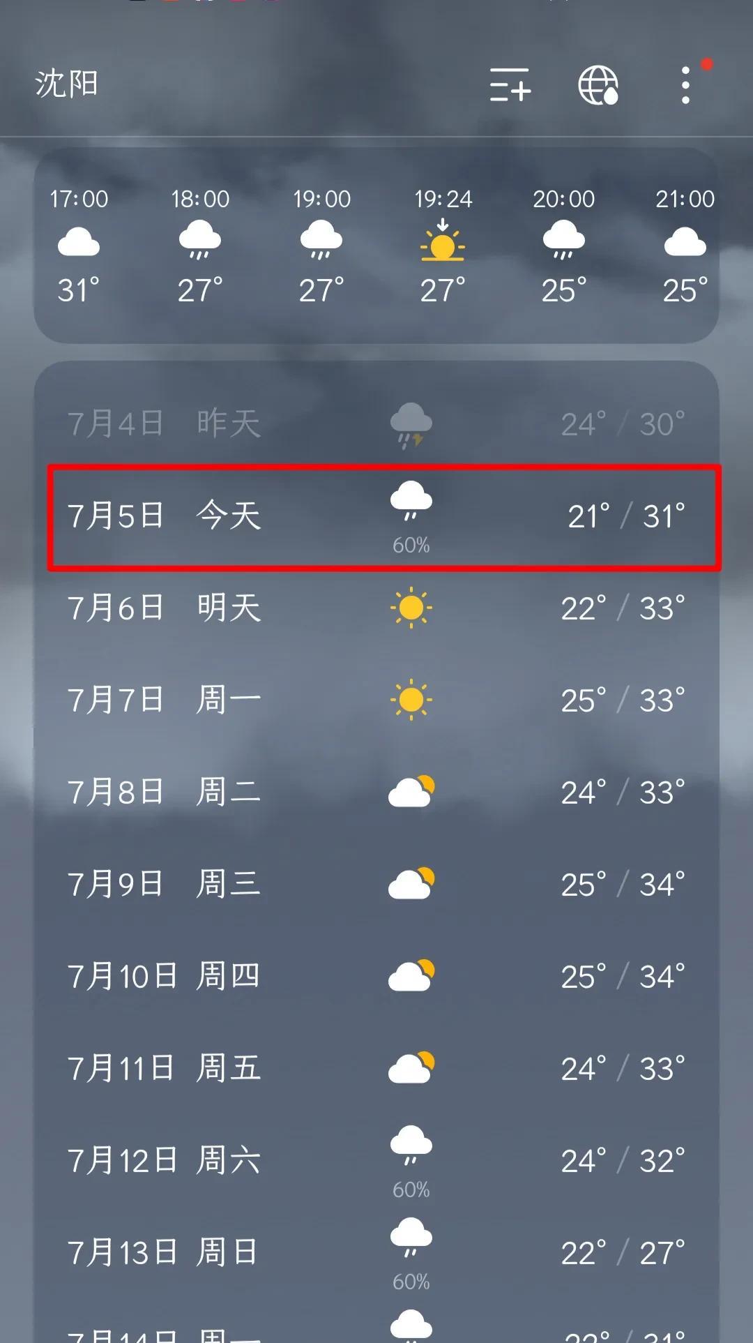沈阳今天还有雨，下午时间在傍晚，气温偏高…今天是7月5日，沈阳有中雨，降雨概率