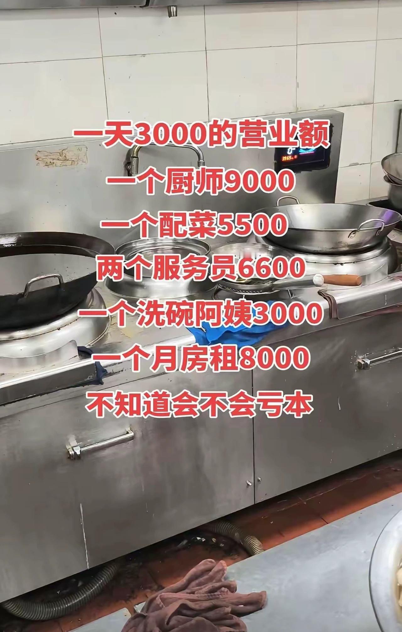 餐馆一天营业额3000，看着生意还行，一算开销直接头大。厨师9000，配菜